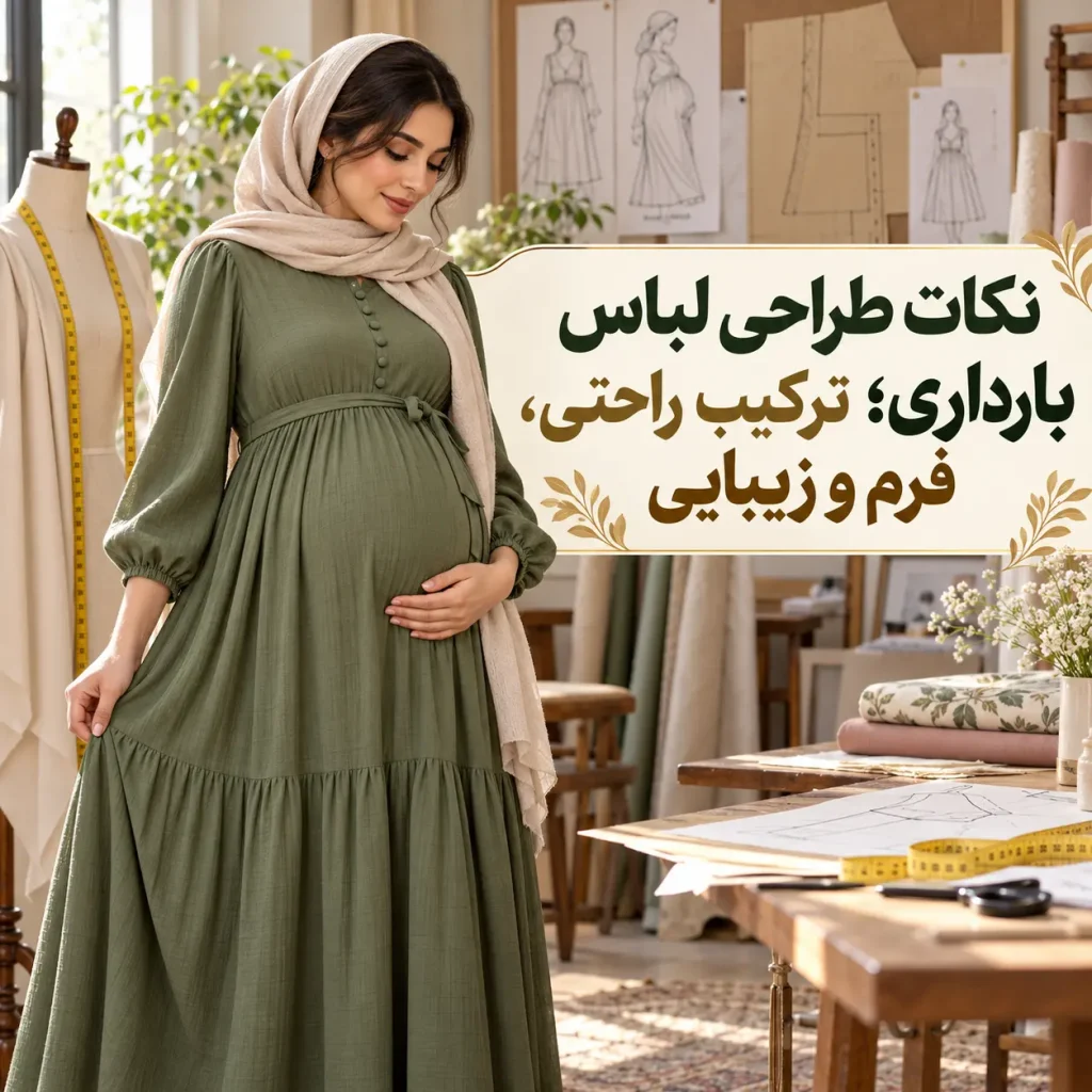 مدل لباس بارداری با خط کمر زیر سینه در فضای طراحی و خیاطی، همراه با عنوان مقاله روی تصویر